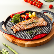 Grill rond en fonte rouge 28cm avec support en bois